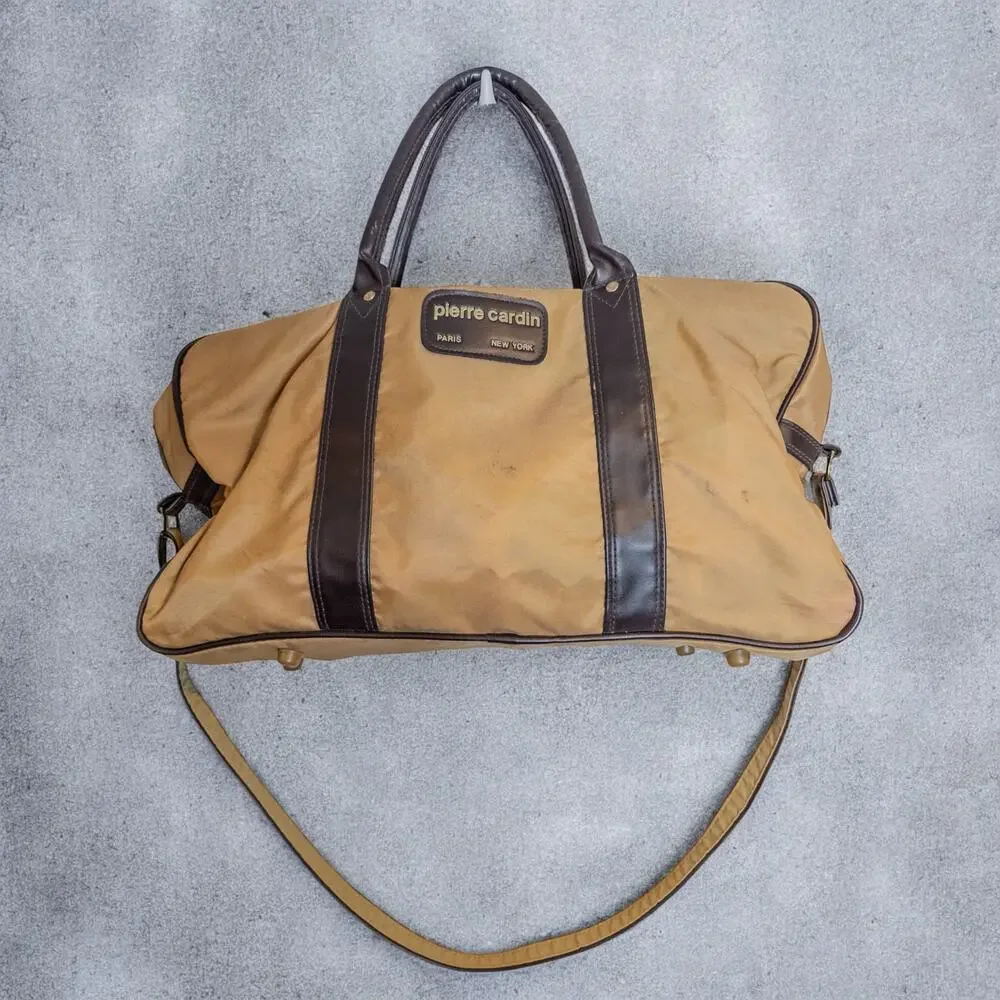 Vintage Y2K Pierre Cardin Nylon Travel Weekender Bag Brown Tan